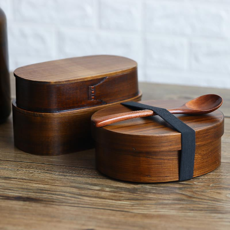 Nippon Oval Brown Wooden Bento Box Double Layers 1000ml