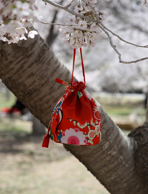 Japanese Kimono Handbag Orange Camellia Crane