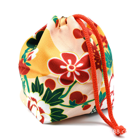 Japanese Kimono Kinchaku Handbag Lemon Yellow Camellia