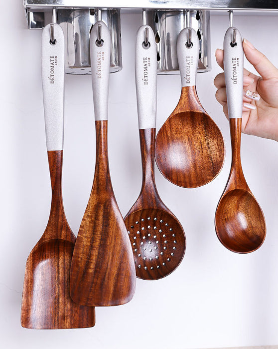 Teak Beaded Handle Kitchenware Wooden Oil Spoon 25.5*5.7cm