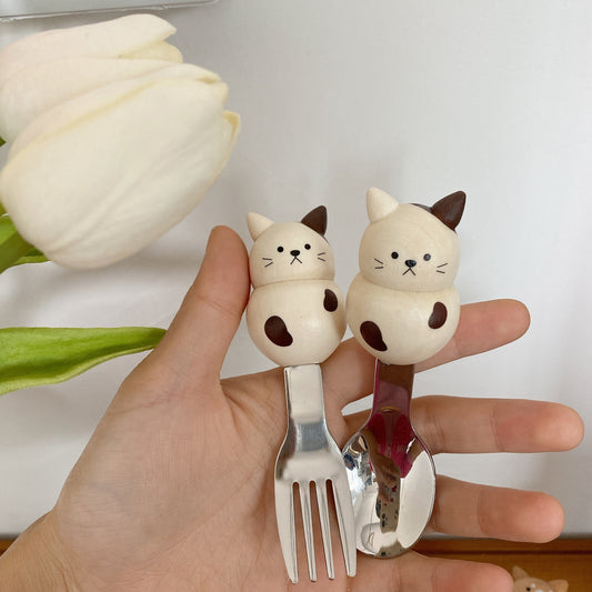 Japanese Wood Steel Spoon and Fork Set Cat