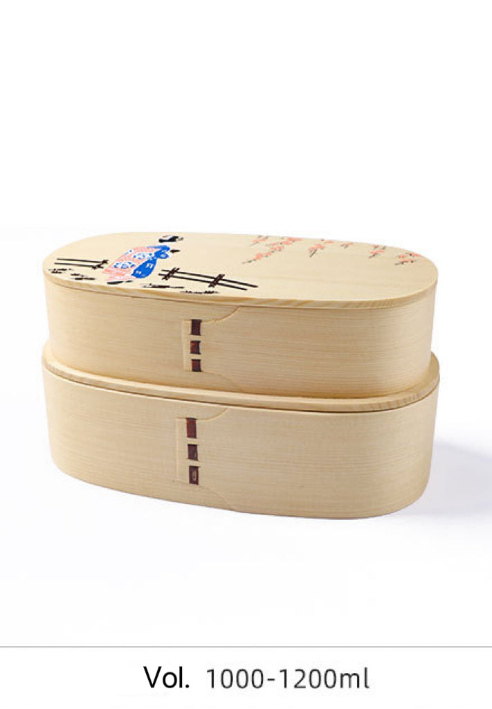 Nippon Oval kimono girl Wooden Bento Box double layers 1200ml