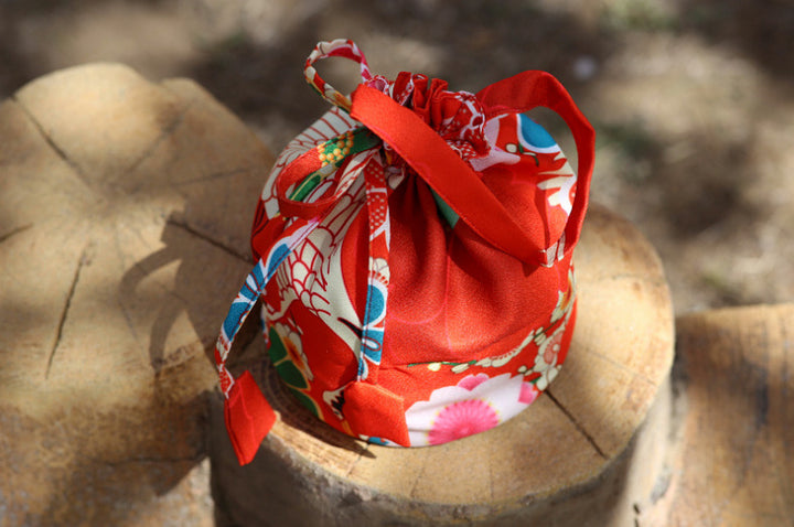 Japanese Kimono Handbag Orange Camellia Crane