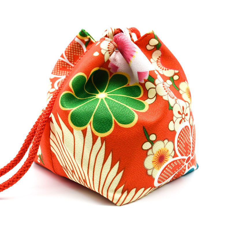 Japanese Kimono Kinchaku Handbag Red Camellia Crane