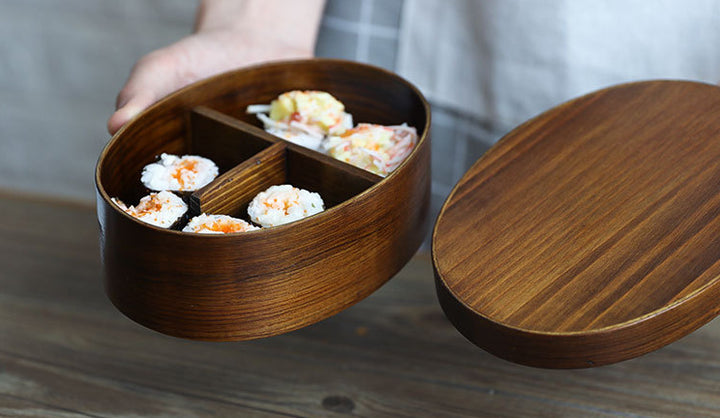 Nippon Oval Brown Wooden Bento Box Double Layers 1000ml