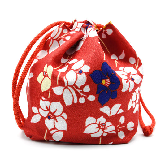 Japanese Kimono Kinchaku Handbag Dark Red White Sakura