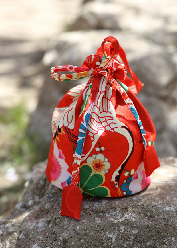 Japanese Kimono Handbag Orange Camellia Crane