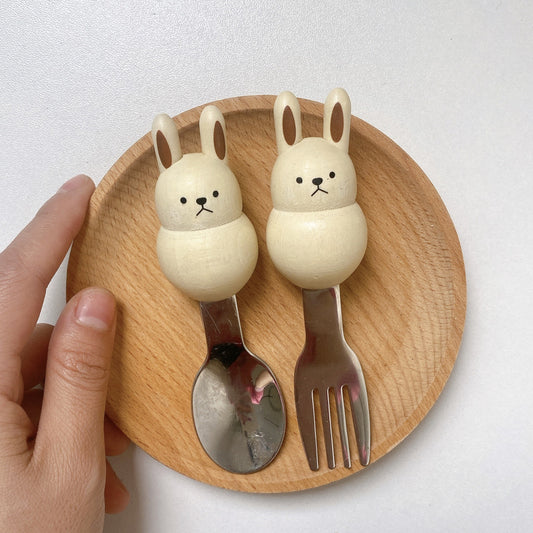 Japanese Wood Steel Spoon and Fork Set Bunny