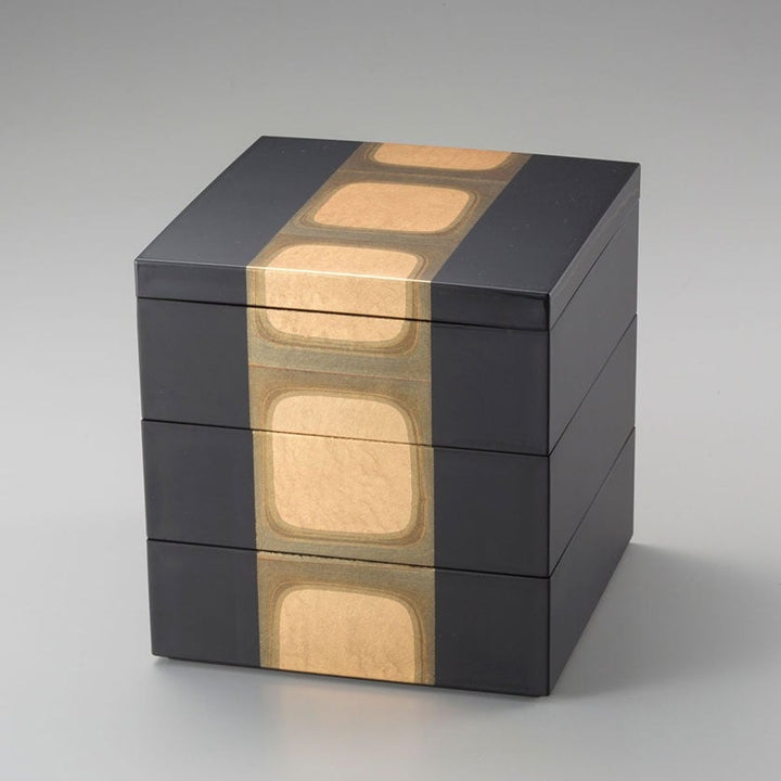 Kanazawa Ancient Gold color foil three-tiered Bento box Black 4pcs