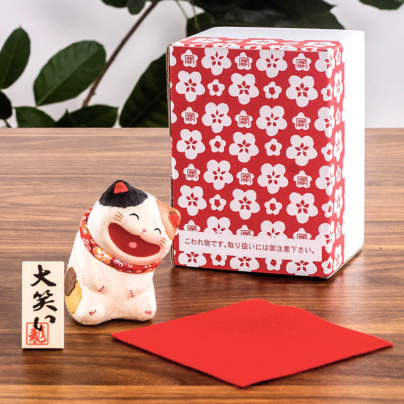 Japanese Kyoto Ryukodo Washi Laughing Lucky Cat Ornament Tricolor Cat Standing