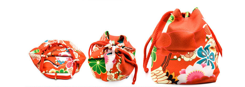Japanese Kimono Kinchaku Handbag Red Camellia Crane