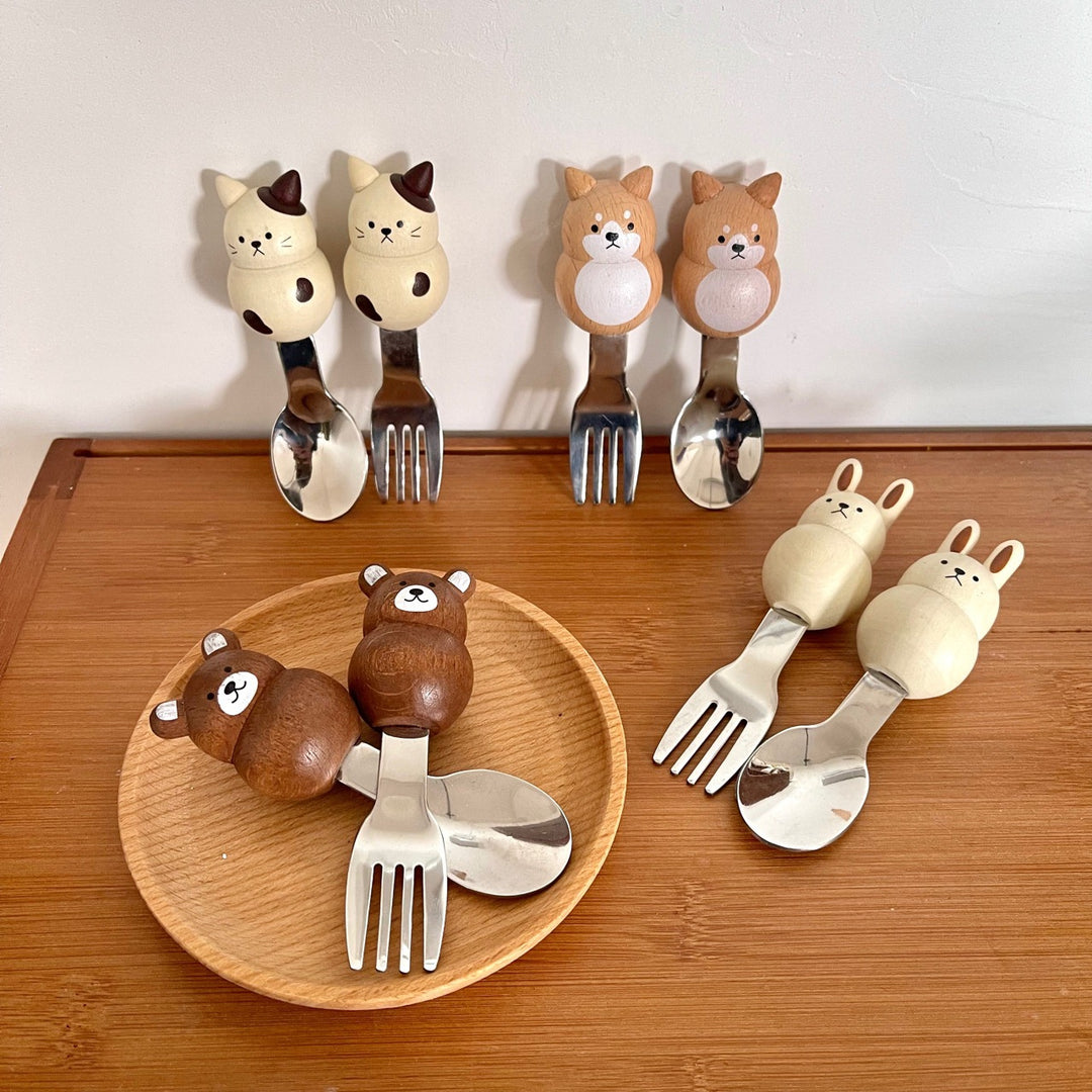 Japanese Wood Steel Spoon and Fork Set Shiba Inu