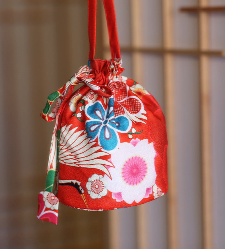 Japanese Kimono Handbag Orange Camellia Crane