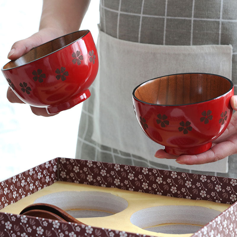 Wooden Rice Bowl Chopsticks and Spoons Gift Set