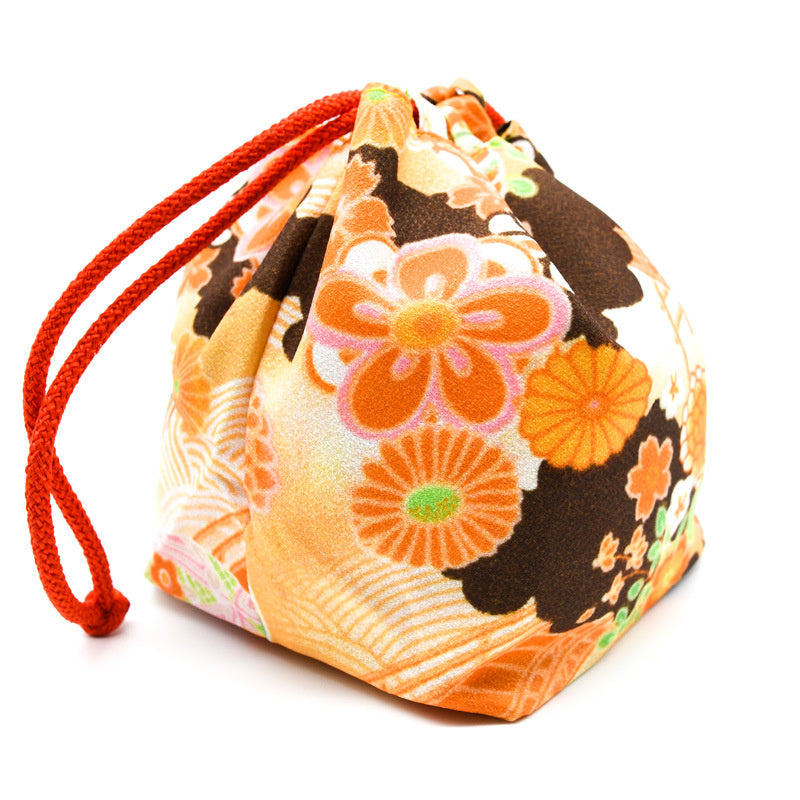 Japanese Kimono Kinchaku Handbag Orange Daisy