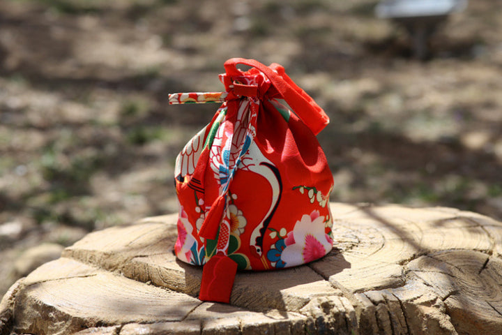 Japanese Kimono Handbag Orange Camellia Crane