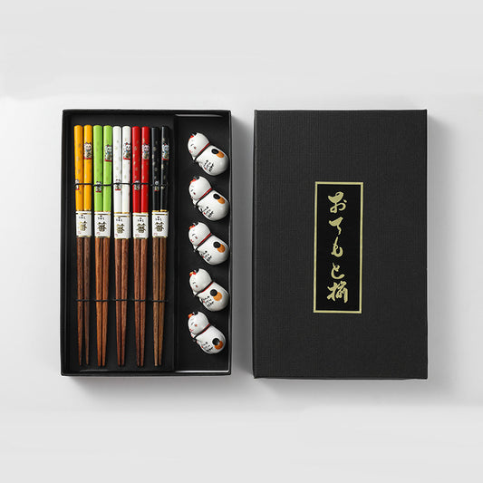 Nippon Chopsticks with ceramic chopsticks holder (5 pairs Set Lucky Cat)