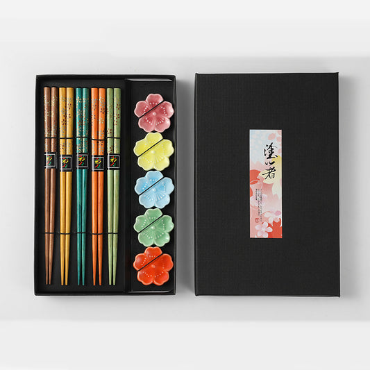 Nippon Chopsticks with ceramic chopsticks holder (5 pairs Set Colorful Sakura)