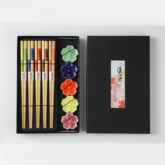 Nippon Chopsticks with ceramic chopsticks holder (5 pairs Set White Bamboo Sakura)