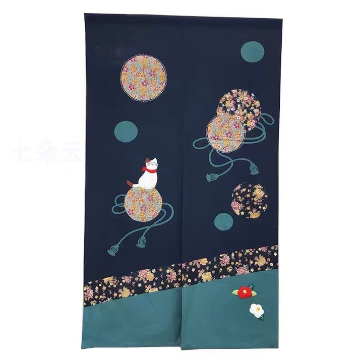 Japanese half curtains Cat Flower - Blue