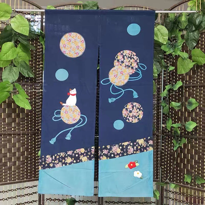 Japanese half curtains Cat Flower - Blue