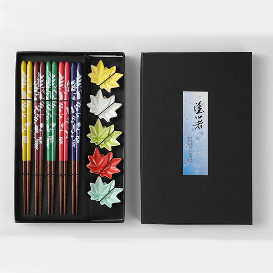 Nippon Chopsticks with ceramic chopsticks holder (5 pairs Set Colorful Maple Leaves)
