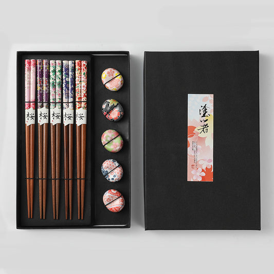 Nippon Chopsticks with ceramic chopsticks holder (5 pairs Set Oval Mix)