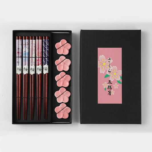 Nippon Chopsticks with ceramic chopsticks holder (5 pairs Set Pink Sakura)