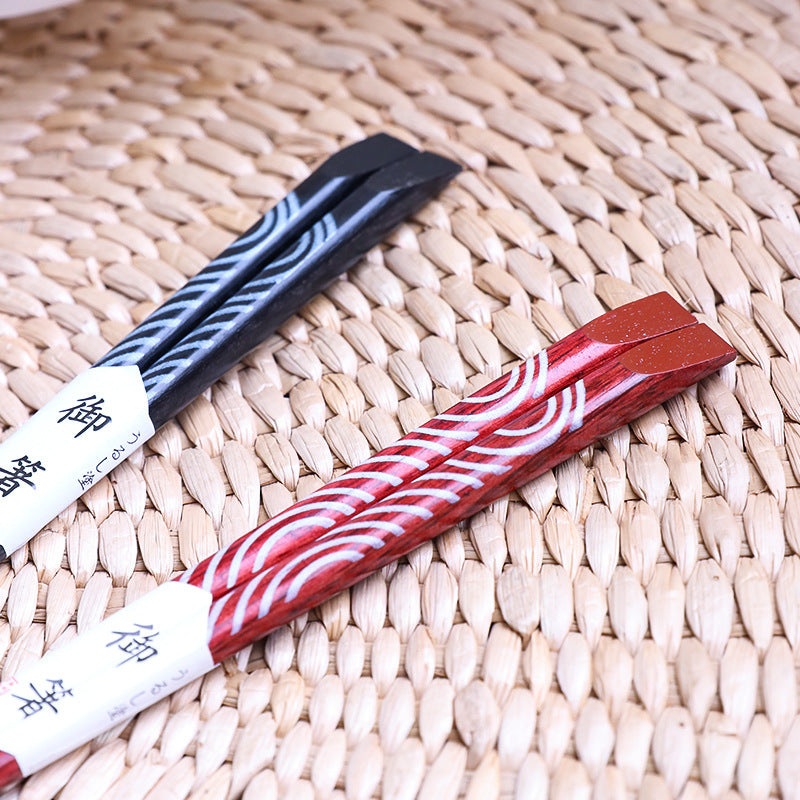 Nippon Chopsticks with wooden chopsticks holder (4 pairs Set Red Black Wave C)