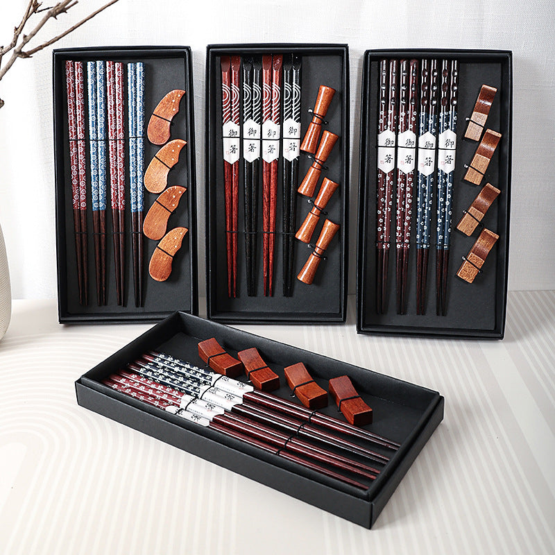 Nippon Chopsticks with wooden chopsticks holder (4 pairs Set Red Black Wave C)