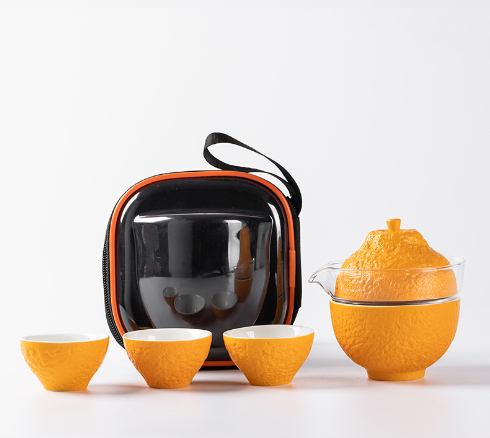 Nippon Ceramic Portable Travel Tea Set One Pot Three Cups / Orange Transparent