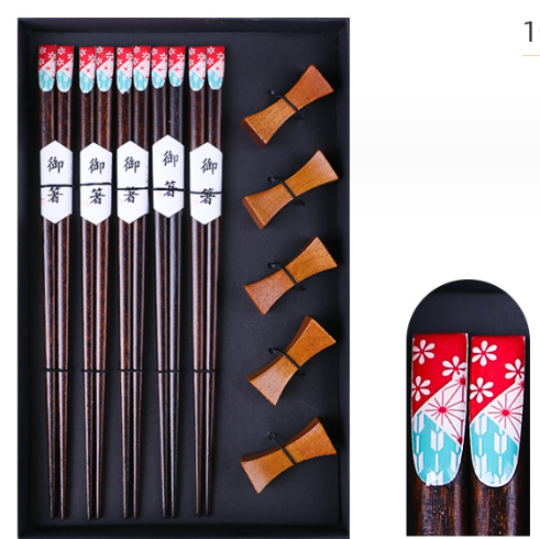 Nippon Chopsticks with wooden chopsticks holder (5 pairs Set Red Blue flower Type 1)