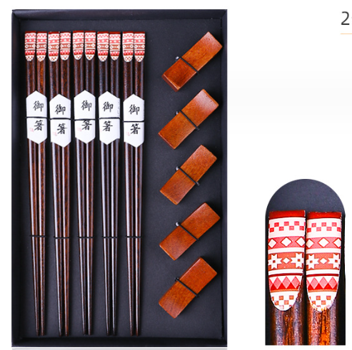Nippon Chopsticks with wooden chopsticks holder (5 pairs Set Red Type 2)