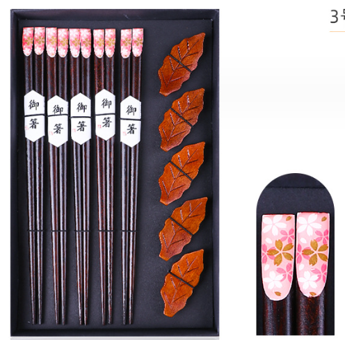 Nippon Chopsticks with wooden chopsticks holder (5 pairs Set Pink Flower Type 3)