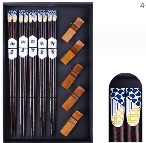 Nippon Chopsticks with wooden chopsticks holder (5 pairs Set Blue Type 4)