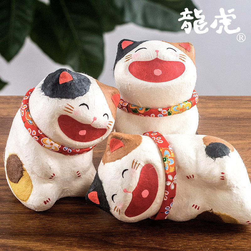 Japanese Kyoto Ryukodo Washi Laughing Lucky Cat Ornament Tricolor Cat Standing