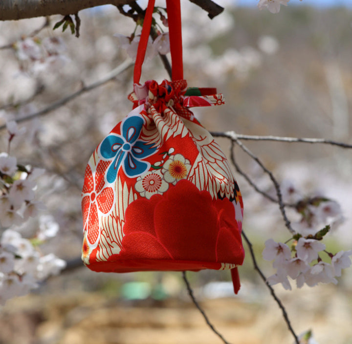 Japanese Kimono Handbag Orange Camellia Crane