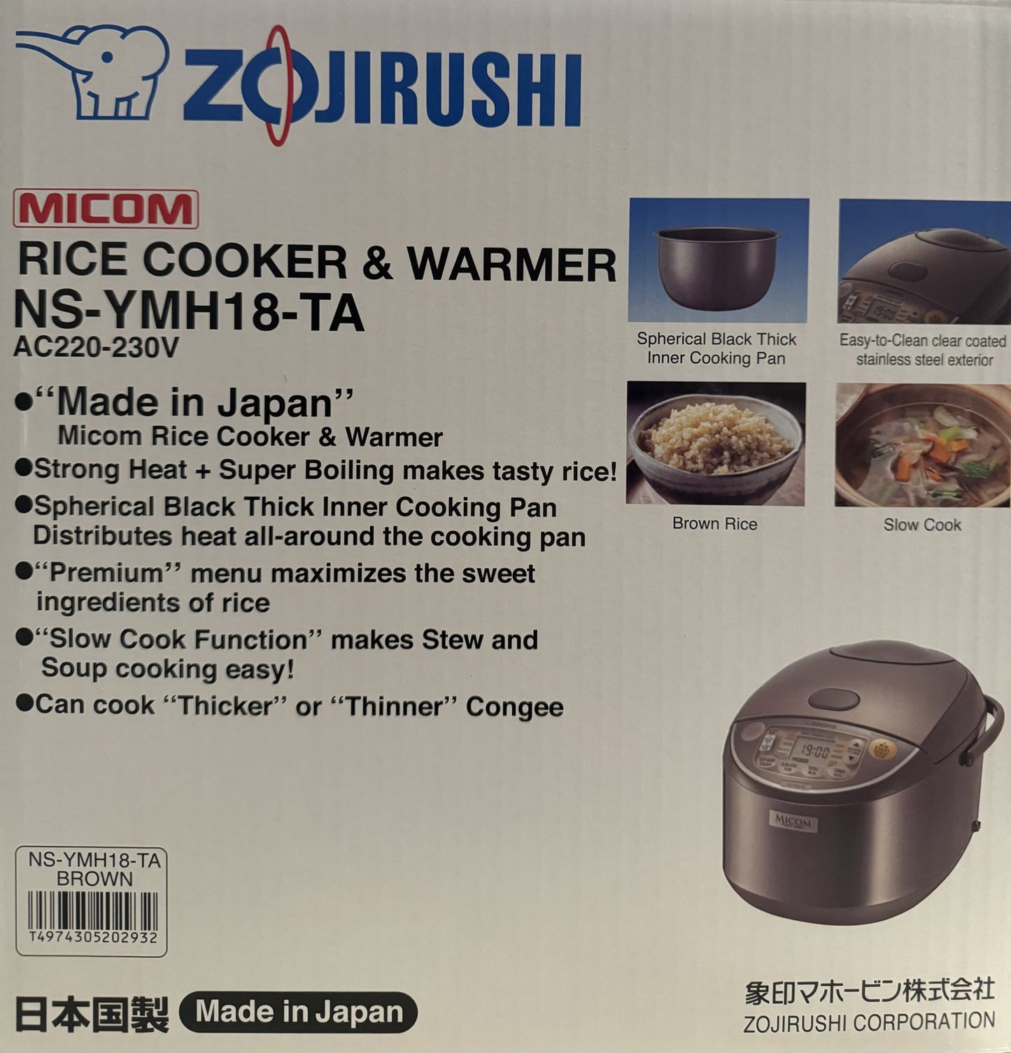 ZOJIRUSHI Rice Cooker Gokumetsu-Taki, 10 cups/220-230V, NS-Y