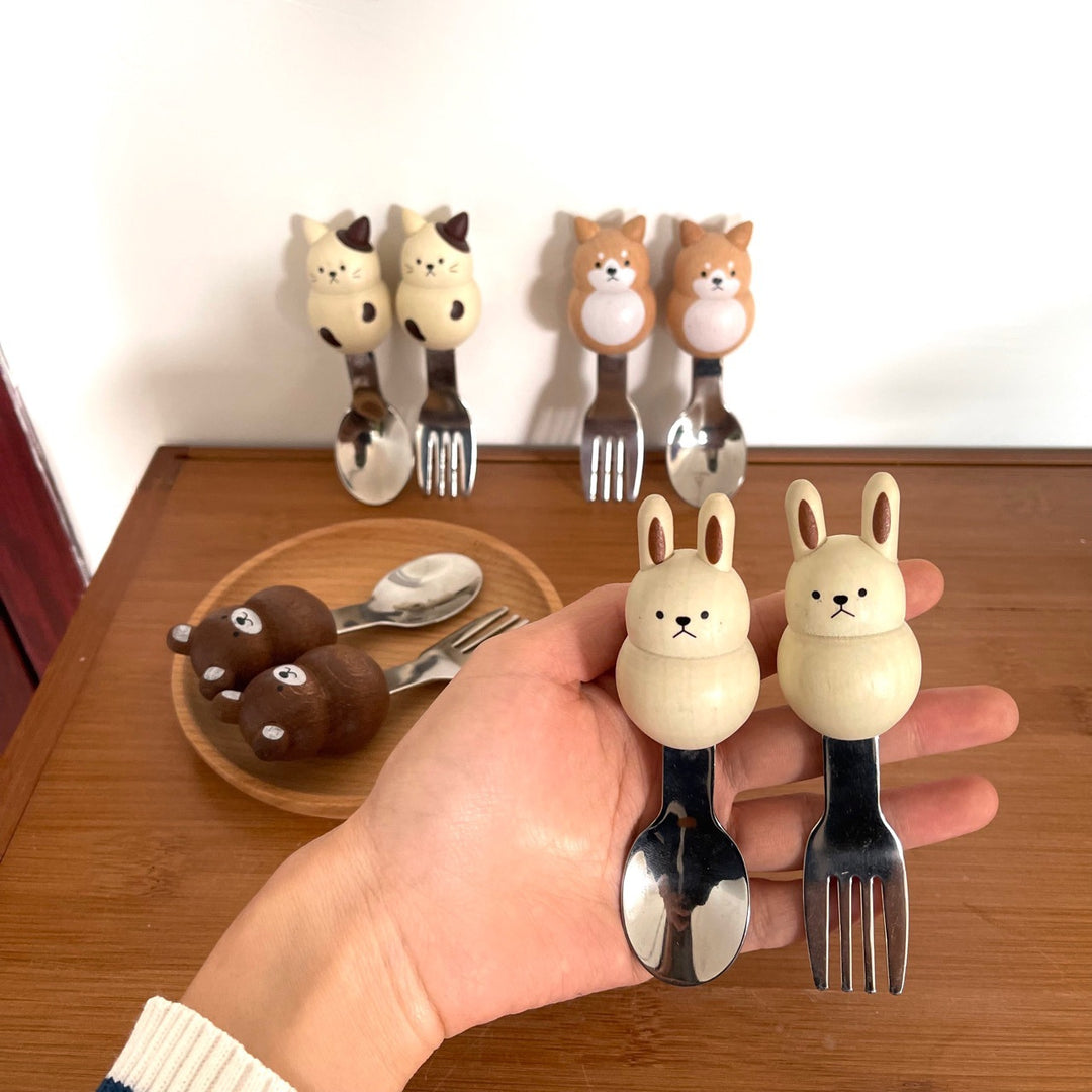 Japanese Wood Steel Spoon and Fork Set Cat