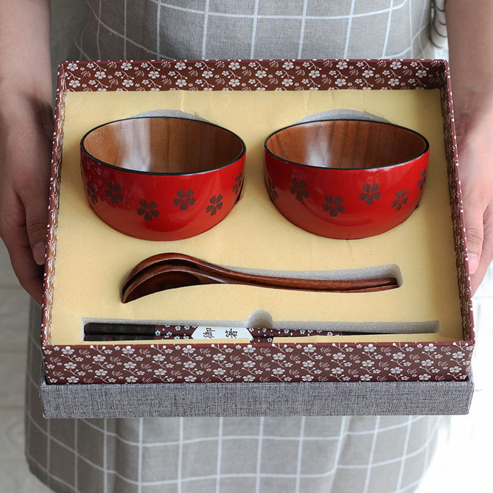 Wooden Rice Bowl Chopsticks and Spoons Gift Set