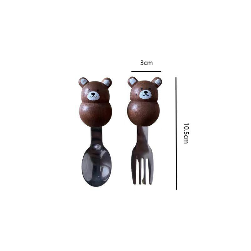 Japanese Wood Steel Spoon and Fork Set Cat