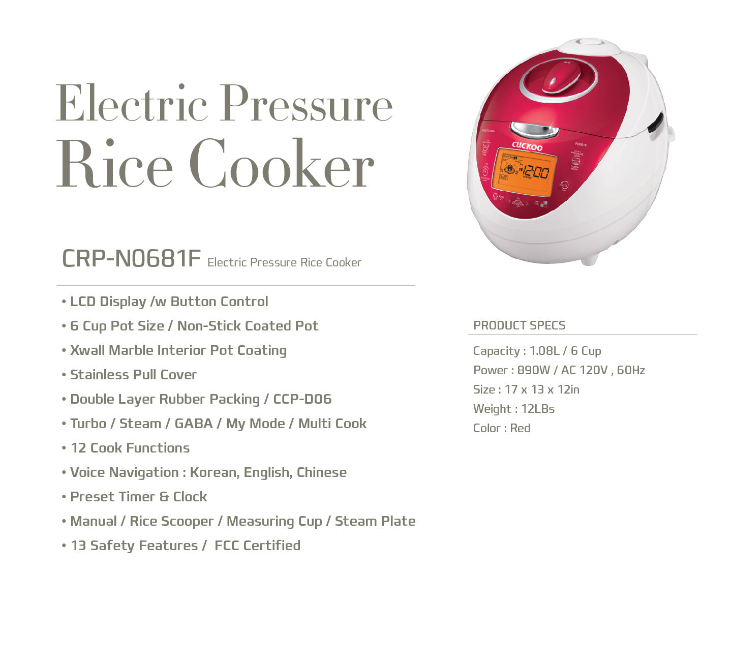 CUCKOO CRP-N0681F Pressure Rice Cooker 6 Cups
