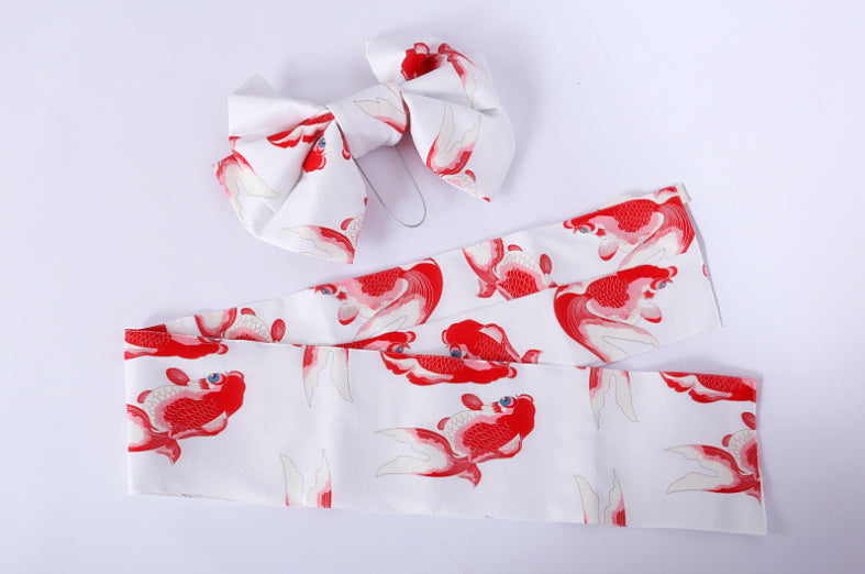 Japanese Kimono Belt White with Red Fish