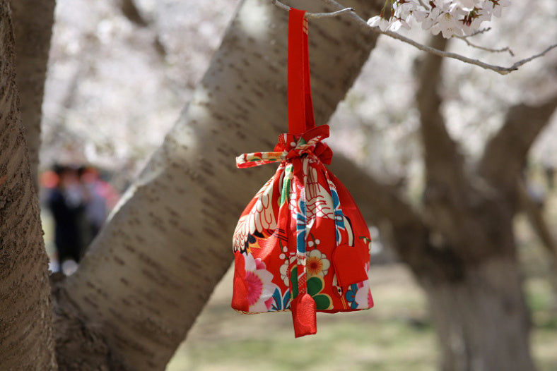 Japanese Kimono Handbag Orange Camellia Crane