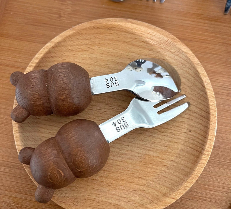 Japanese Wood Steel Spoon and Fork Set Brown Bear