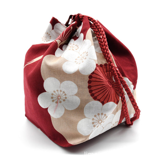Japanese Kimono Kinchaku Handbag Red Wine Big Sakura