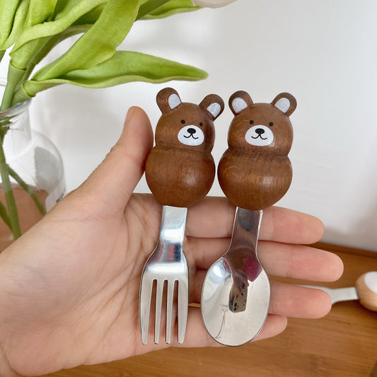 Japanese Wood Steel Spoon and Fork Set Brown Bear