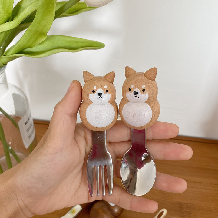 Japanese Wood Steel Spoon and Fork Set Shiba Inu