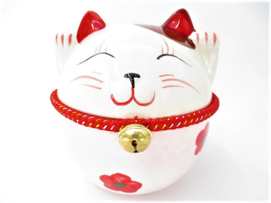 Japanese Thick Lucky Cat Money Box with Bel Rose 15cm