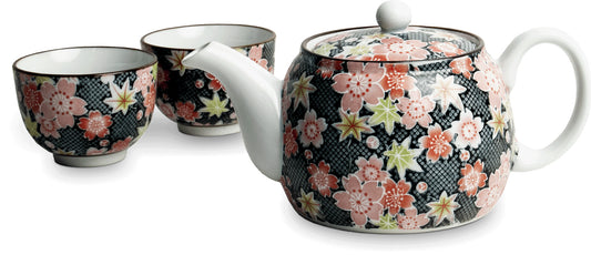 Japanese tea set classic black botanical flower 3 parts